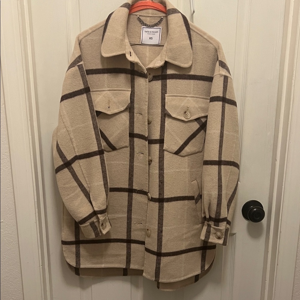 belle & bloom River’s Edge Wool Blend Plaid Shacket, Beige,  Women’s size XS